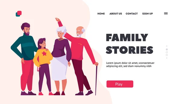 Family Stories Landing Page Template Счастливые Персонажи Отец Дочь Дедушка — стоковый вектор
