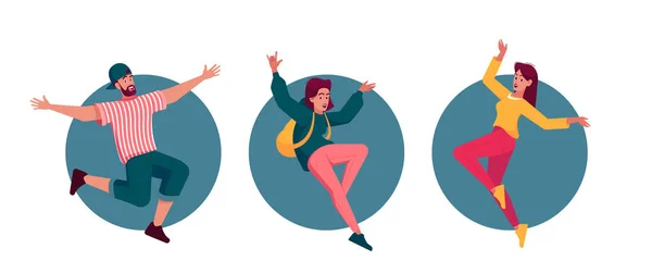 Счастливые Смеющиеся Люди Прыгающие Празднующие Победу Изолированные Круглые Иконы Аватары — стоковый вектор