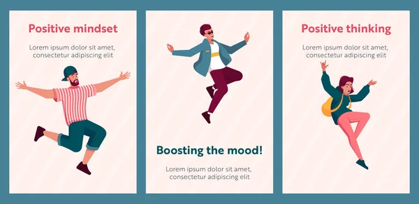 Хорошее Настроение Баннеры Счастливые Смеющиеся Люди Прыгающие Празднующие Победу Энергичные — стоковый вектор