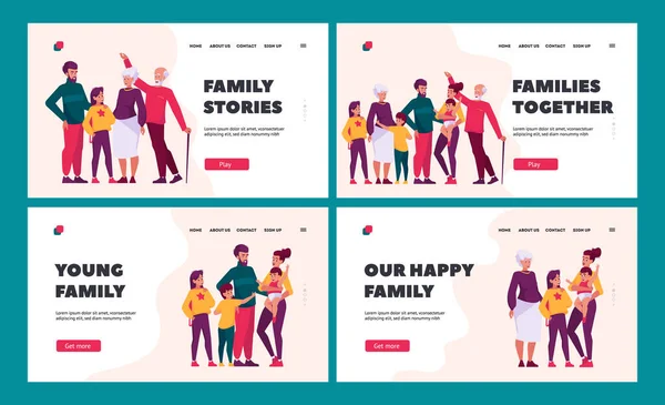 Big Family Together Landing Page Template Set Glückliche Charaktere Mutter — Stockvektor