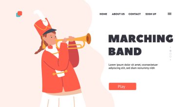 Bando İniş Şablonu. Geçit Töreni, Fuar ya da Okul Konseri sırasında Üniformalı Kız Boynuzlu Müzik Festivali 'nde. Horn Instrument 'li Çocuk Karakteri. Çizgi film İnsanları Vektör İllüstrasyonu