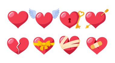 Sevgililer Günü ya da düğün kartı için Kırmızı Kalpler ayarlayın. Kanatlı Kanat, Anahtar ve Anahtar Deliği, Ok ve Yay ile Sarılmış. Kırık ve Bandajlı, Aşk Sembolleri. Çizgi film Vektör İllüstrasyonu