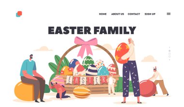 Paskalya Ailesi İniş Sayfa Şablonu. Ebeveynler ve Çocuklar ya da Erkekler Tavşan Kulağı Giyer ve Bahar Tatili boyunca Büyük Basket 'in yanında Boyalı Yumurta Alır. Çizgi film İnsanları Vektör İllüstrasyonu