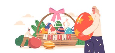 Mutlu Aile Paskalyaları. Çocuklu Anne ve Erkek Tavşan Kulaklı Dev Yumurta Sepeti 'nin yanında. Geleneksel Festival Etkinliği. Çizgi film İnsanları Vektör İllüstrasyonu