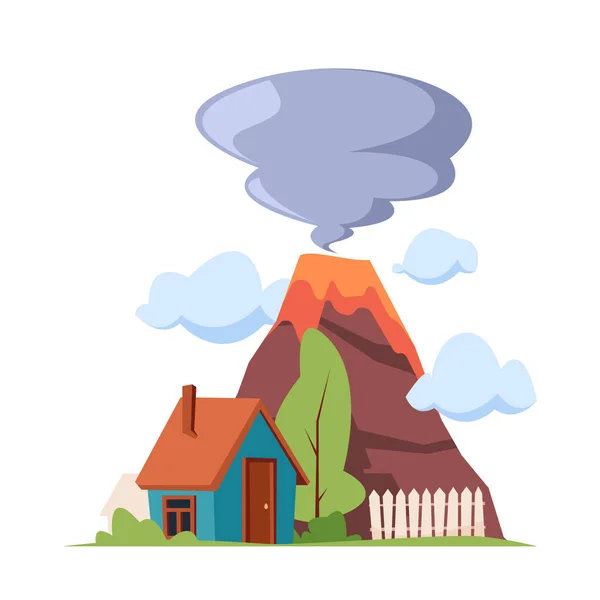 Volcano Eruption Natural Disaster Environmental Situation House Stand Volcano Foot — Stock Vector