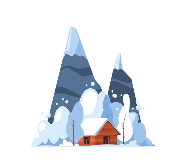Snow Avalanche Natural Disaster Cottage House Sob Snow Falling Mountains — Vetor de Stock