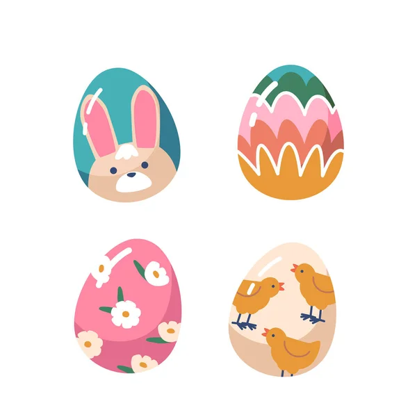 一套五彩缤纷的复活节彩蛋 传统假日装饰与不同的图案隔离在白色背景 有兔脸的蛋 花和可爱的小鸡 卡通矢量图解 — 图库矢量图片