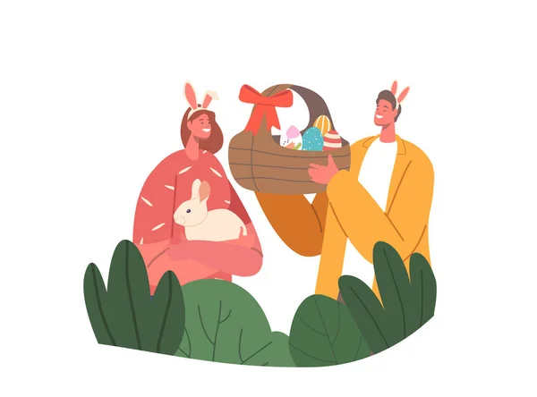 Junge Paare Feiern Ostern Mann Und Frau Tragen Hasenohren Korb — Stockvektor