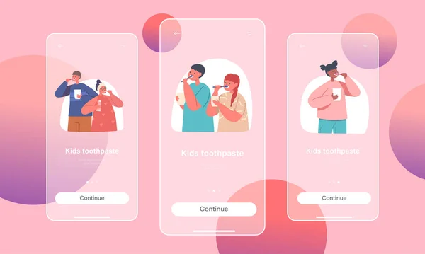 Kinder Zahnpasta Mobile App Seite Onboard Screen Template Glückliche Charaktere — Stockvektor