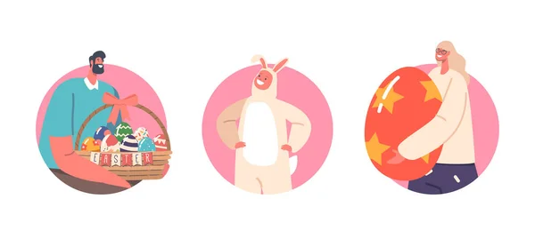 Hombre Mujer Bebé Disfrazados Conejo Con Huevos Pintados Felices Fiestas — Archivo Imágenes Vectoriales