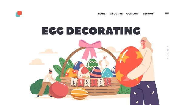 Πρότυπο Διακόσμησης Αυγών Landing Page Ευτυχισμένη Οικογένεια Γιορτάστε Πάσχα Μητέρα — Διανυσματικό Αρχείο