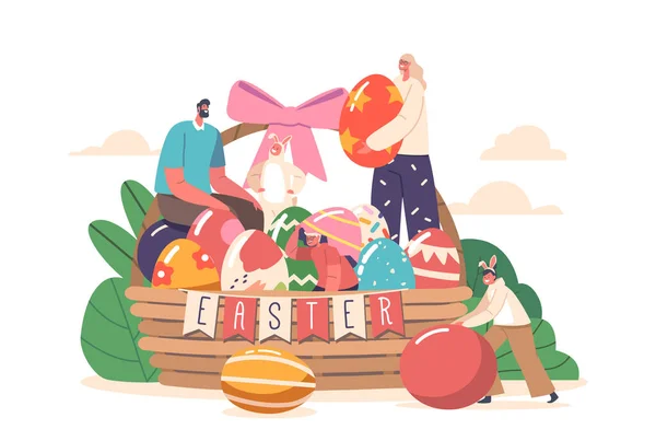 快乐的家庭庆祝复活节 妈妈和孩子们穿着兔子耳朵的衣服 坐在巨大的篮子里 戴着彩绘的鸡蛋 团结与传统的概念 卡通人物矢量图解 — 图库矢量图片