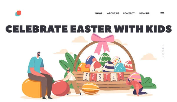 Happy Family Vier Pasen Met Kids Landing Page Template Jonge — Stockvector