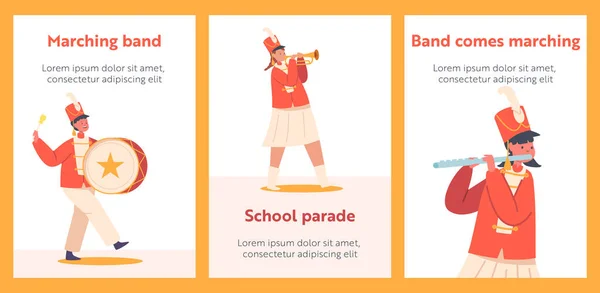 Шкільний Парад Картонові Банери Діти Червоній Уніформі Марширують Інструментами Happy — стоковий вектор