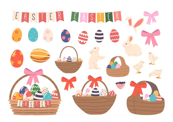 一套复活节礼品及礼品 采购产品兔子耳朵带 兔子动物 国旗花环 装饰鸡蛋和篮子与彩蛋分离的白色背景 卡通矢量图解 剪贴画 — 图库矢量图片