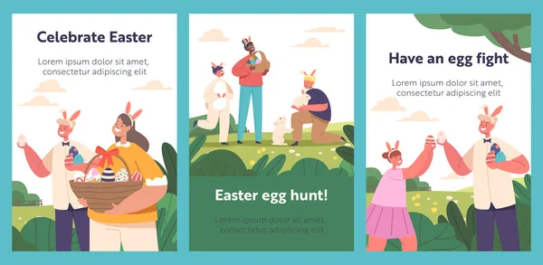 Bannières Bande Dessinée Avec Happy Kids Hunt Eggs Pendant Célébration — Image vectorielle