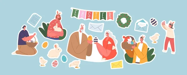 Sada Nálepek Happy Family Characters Velikonoční Oslavy Dítě Mladé Senior — Stockový vektor