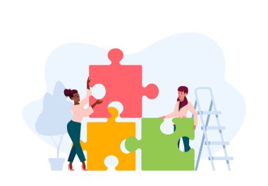 Halk İşbirliği, Yaratıcı Fikir Geliştirme, Toplu Çalışma, Ortaklık. İş Adamları Ekibi, Ofis Çalışanları Grubu Büyük Ayrı Bulmaca Parçalarını Birleştirdi. Çizgi film Vektör İllüstrasyonu