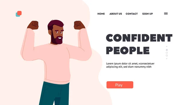 Confident People Landing Page Template Black Man Show Muscles Perform — Stock Vector