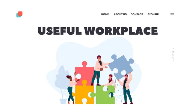 Office Employees Cooperation Joint Work Partnership Landing Page Template Inglés — Vector de stock