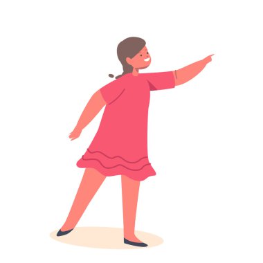 Çocukluk kavramı. Saçları örgülü, kırmızı elbiseli küçük kız. İlginç bir şeye parmak basıyor. Meraklı Çocuk Karakteri Beyaz Arkaplanda tecrit edildi. Çizgi film Vektör İllüstrasyonu