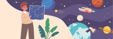 Astronomi, Çocuk Eğitim Konsepti. Küçük Çocuk, Gökyüzü Haritasını Öğreniyor. Meraklı Küçük Çocuk Uzayı Gözlem Hobisi, Çalışma ve Öğrenme. Çizgi film İnsanları Vektör İllüstrasyonu
