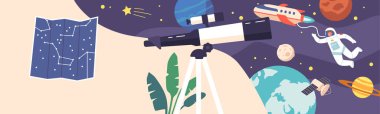 Teleskopla Astronomi Bilimi Öğrenme Konsepti, Gökyüzü Haritası, Uzak Galakside Astronot, Uydu ve Mekik ile Uzayda Gezegenler ve Yıldızlar. Çizgi film Vektör İllüstrasyonu
