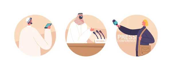 Arab Press Conference Isolated Icons Avatars Saudi Man Tribune Speak — Stock Vector