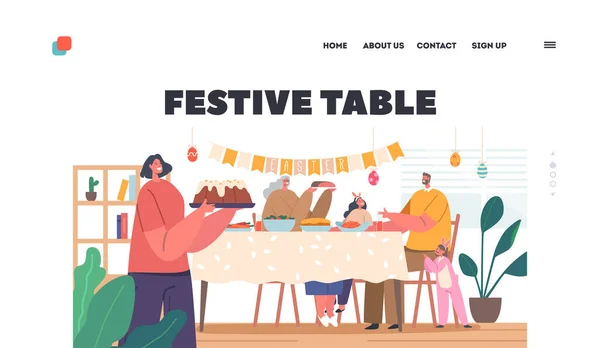 Festive Table Landing Page Template Buoni Personaggi Familiari Madre Padre — Vettoriale Stock
