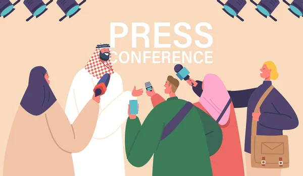 Novinář Dělal Rozhovor Arabským Politikem Během Briefingu Nebo Tiskové Konference — Stockový vektor