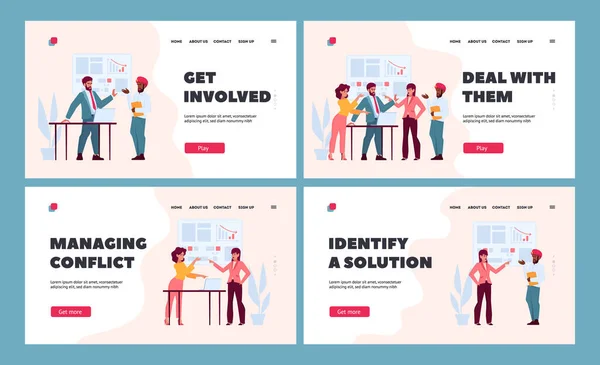 Business Team Conflict Landing Page Template Set Angry Furious Employees —  Vetores de Stock