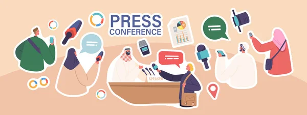 Set Stickers Arab Press Conference Briefing Speaker Arabic Man Speak — Stock Vector