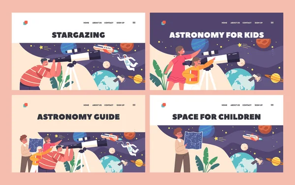 Kinder Studieren Astronomie Wissenschaft Landing Page Template Set Kinder Schauen — Stockvektor