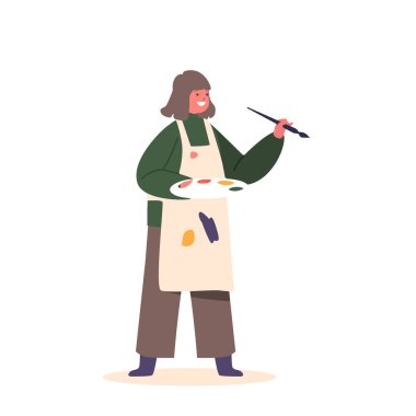 Önlüklü, Boyalı Boyalı ve Fırçalı Küçük Kız. Sanatçı Stüdyosunda Çocuk Karakteri Çizimi veya Sanat Okulu Atölyesi Beyaz Arkaplan 'da tecrit edildi. Çizgi film İnsanları Vektör İllüstrasyonu