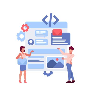 Ui Ux Tasarımcı Karakterleri Web sitesinde veya Uygulama Kablosu Tasarım ve Programlama Mobil Uygulaması Oluşturur. Web Araştırma ve Prototip Yapan Yaratıcı Ekip. Çizgi film İnsanları Vektör İllüstrasyonu