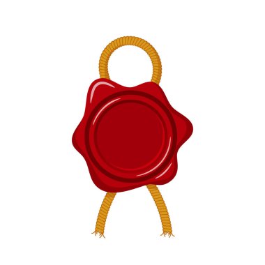 Balmumu Mühür Mührü, Retro Etiketi, İzole Kırmızı Sertifika, Belge, Mektup, Zarf Koruma ve Sertifika Garantisi, Kalite Markı, İş Sözleşmesi Postası, Posta. Çizgi film Vektör İllüstrasyonu