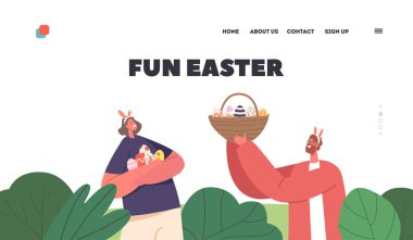 Eğlenceli Paskalya iniş sayfası şablonu. Mutlu Paskalya Bayramı Kutlamaları. Baharda Green Field 'da boyalı yumurtalı sepet tutan genç çift. Çizgi film İnsanları Vektör İllüstrasyonu