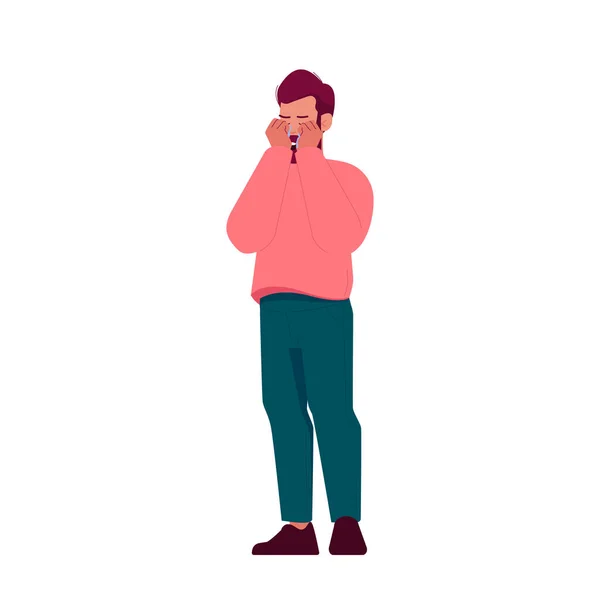 Chorando Personagem Masculino Limpe Lágrimas Longe Cara Sentindo Dor Coração —  Vetores de Stock