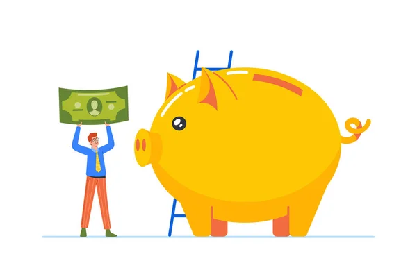 Tiny Man Dollar Banknote Huge Piggy Bank Character Saving Money — Stock Vector