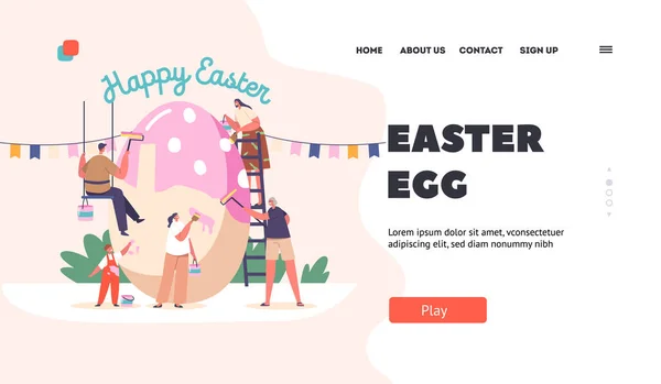 stock vector Easter Egg Landing Page Template. Happy Family Prepare for Easter Celebration. Tiny Parents, Granny and Children Painting Huge Egg. People Spend Holidays Time Together. Cartoon Vector Illustration