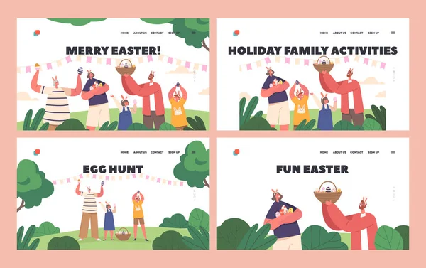 Happy Family Festeggia Buon Pasqua Landing Page Template Set Genitori — Vettoriale Stock