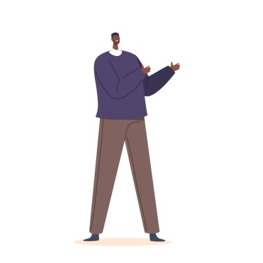 Sıradan Takım Elbiseli Siyah Erkek Karakteri, Afrikalı İş Adamı veya Beyaz Arkaplan 'da Konuşan ve Hareketli Politikacı. Moda Afro Kişi. Çizgi film İnsanları Vektör İllüstrasyonu