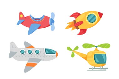 Çocukça Çizgi Film Havayolları Taşımacılığı. Rocket, Airplane veya Helicopter Air Transport, Children Toys Grafik Tasarım Elementleri Beyaz Arkaplanda İzole Edildi. Vektör İllüstrasyonu, Simgeler