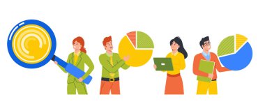 Tablet Bilgisayarlı İş Karakterleri, Büyüteç, Dizin ve Dairesel Çizelgeler Büyüme ve İlerleme İçin Fikirler Geliştirme. Karşılaştırma, Şirket Geliştirme Konsepti. Çizgi film İnsanları Vektör İllüstrasyonu