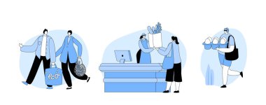 Bir grup insan alışveriş sırasında eko paketleme kullanıyor. Yeniden Kullanılabilir Paketleme Dükkanı ile Mutlu Karakterler. Doğa dostu paketlerle süpermarkette alışveriş yapan alıcılar. Çizgi film Vektör İllüstrasyonu