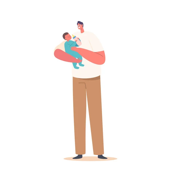 Dad Feed Newborn Baby with Bottle. Male Character on Maternity Leave, Single Father Raising Child. Little Baby with Daddy, Happy Family Spend Time Together. Cartoon People Vector Illustration