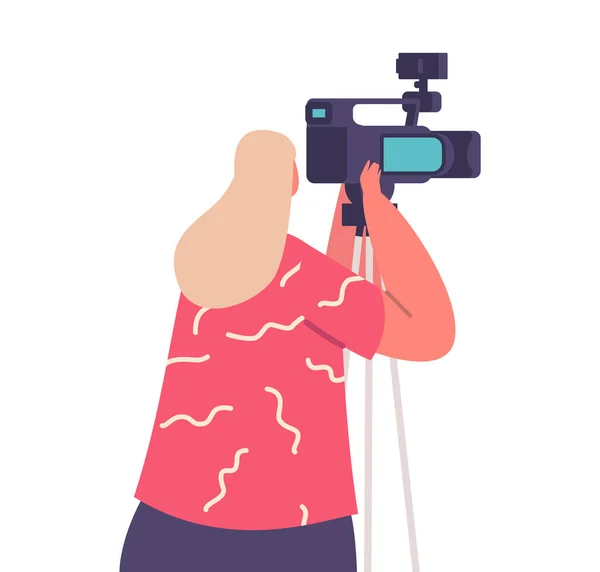Profesyonel Video Kamera Arka Görünümü Olan Gazeteci Gazeteci Kadın Karakteri — Stok Vektör