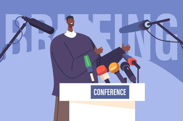 Tisková Konference Briefing Koncepce Černošským Politikem Mluví Publiku Tribune Mikrofony — Stockový vektor