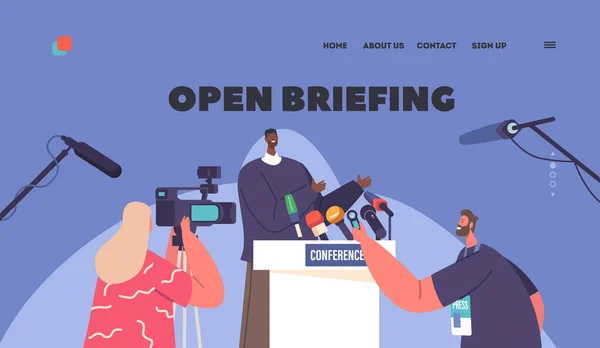 Open Briefing Landing Page Template Journalist Interviewing Black Politician Press — Stock Vector