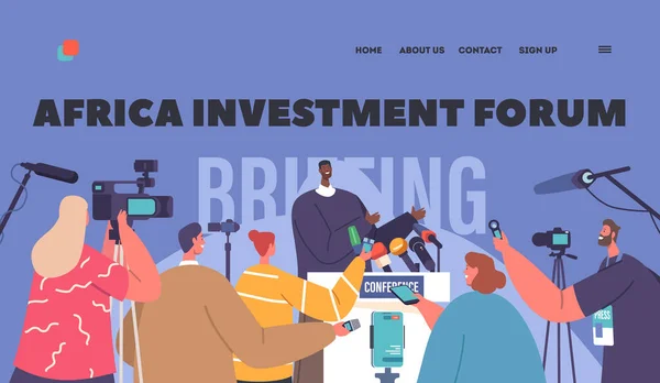 Africa Investment Forum Landing Page Template 在简报会或记者招待会上 黑人演说者与手持麦克风和照相机的记者交谈 卡通矢量图解 — 图库矢量图片
